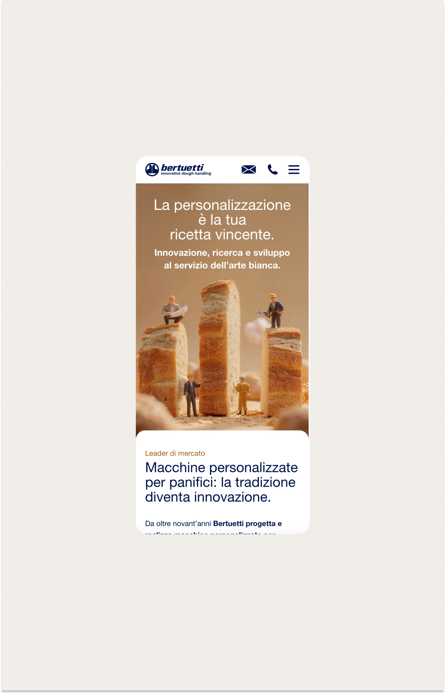 Questa immagine mostra una schermata di un sito web mobile, con una grafica che include una foto surreale di lavoratori edili in miniatura su fette di pane. Il testo in alto recita: 