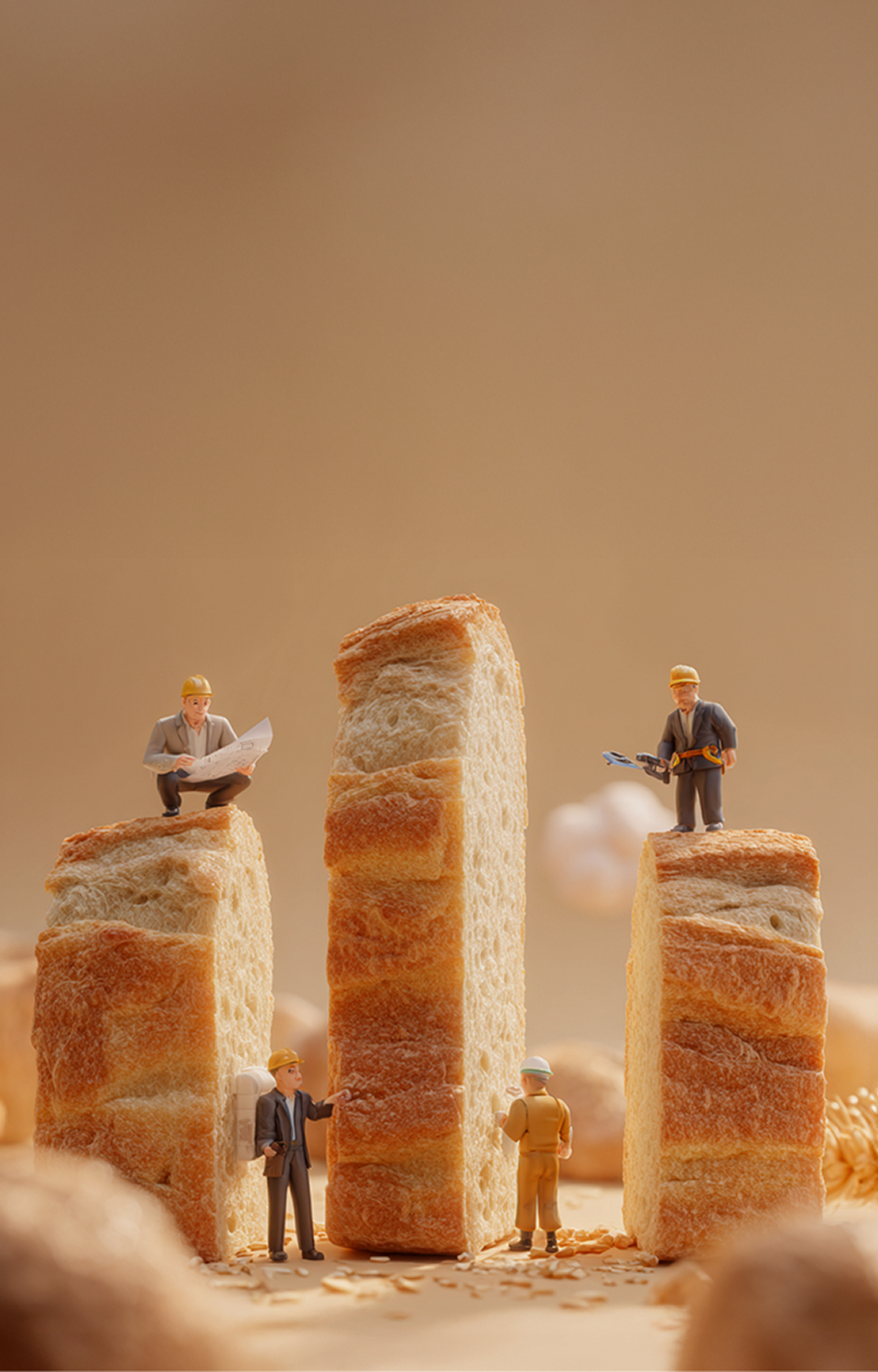 Sito web Bertuetti - immagine campagna di comunicazione verticale: piccoli omini lavorano tra fette di pane giganti