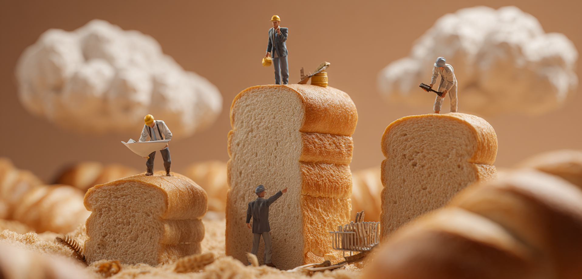 Sito web Bertuetti - immagine campagna di comunicazione: piccoli omini lavorano tra fette di pane giganti