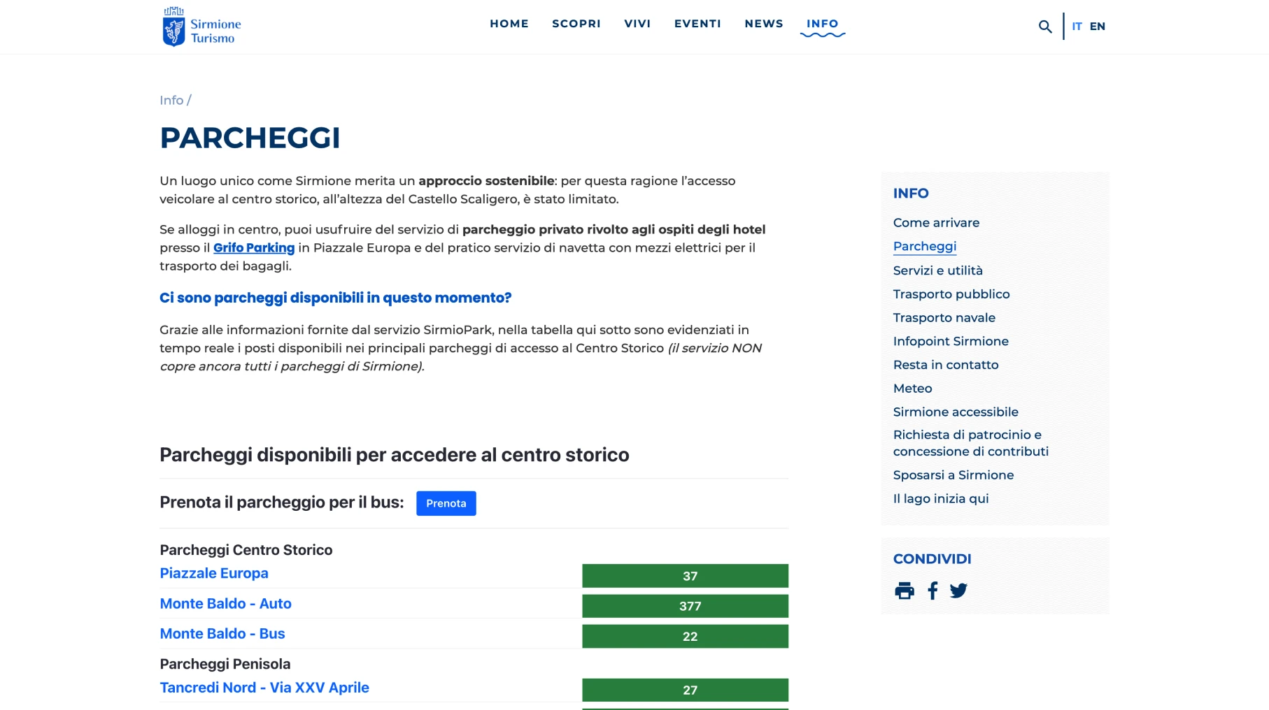 schermata visitsirmione.com sezione parcheggi