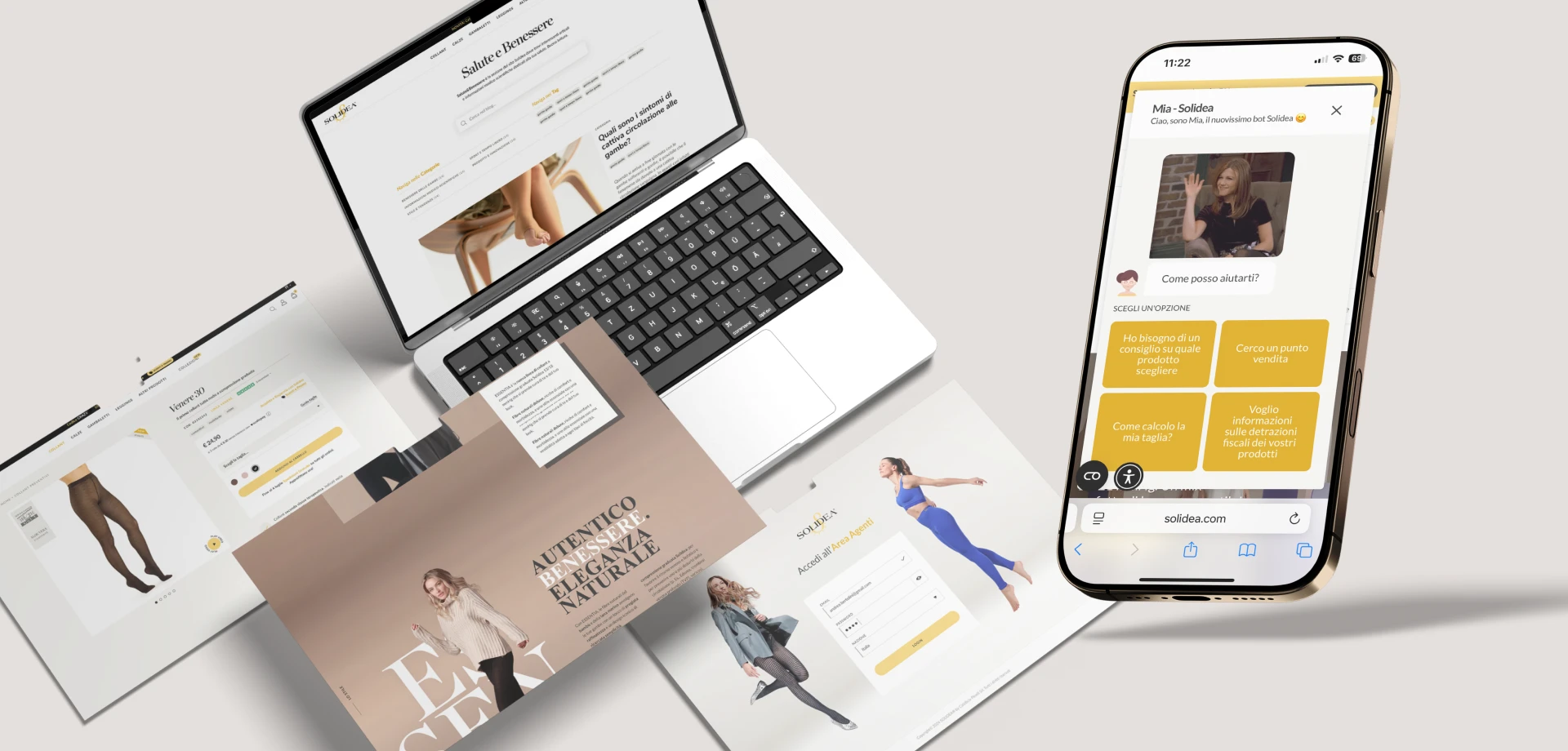 mockup laptop 4 interfacce sito solidea e mockup mobile chatbot