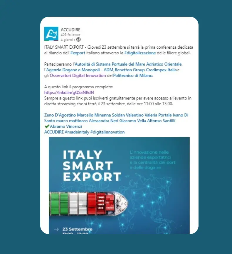 Post Linkedin dell'evento Italy Smart Export