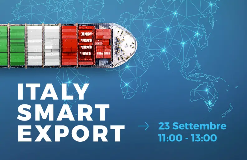 Grafica della promo dell'evento Italy Smart Export con nave cargo dai colori della bandiera italiana