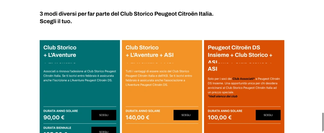 Opzioni per Club Storico Peugeot - Frame del sito web Club Storico Peugeot Citröen Italia