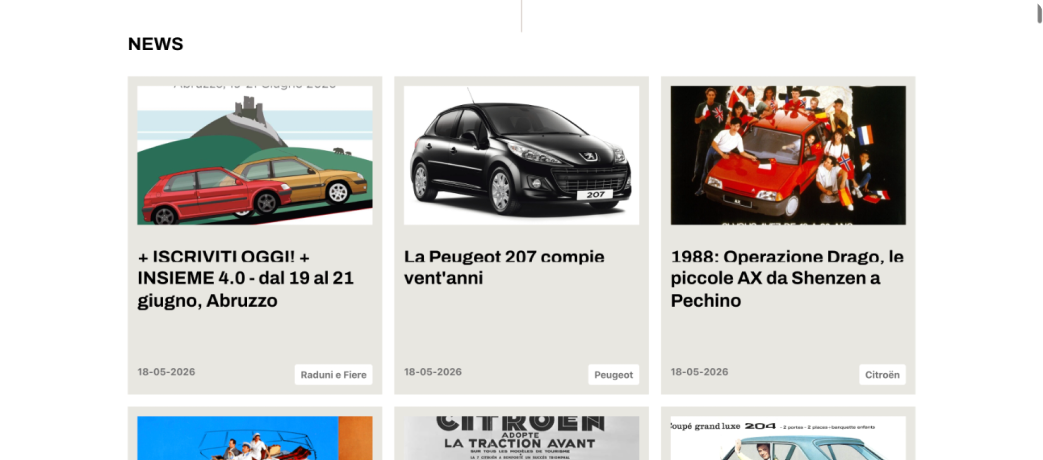 Notizie su auto e anniversari - Frame del sito web Club Storico Peugeot Citröen Italia