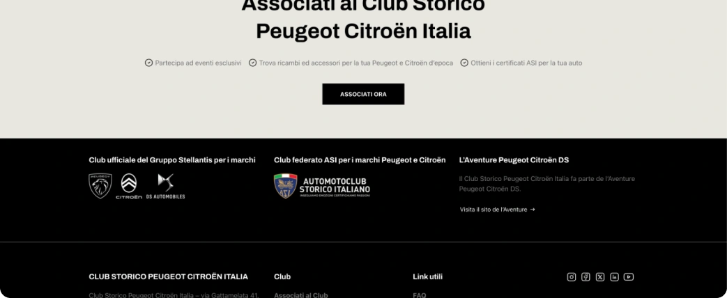 Footer del sito web Club Storico Peugeot Citröen Italia
