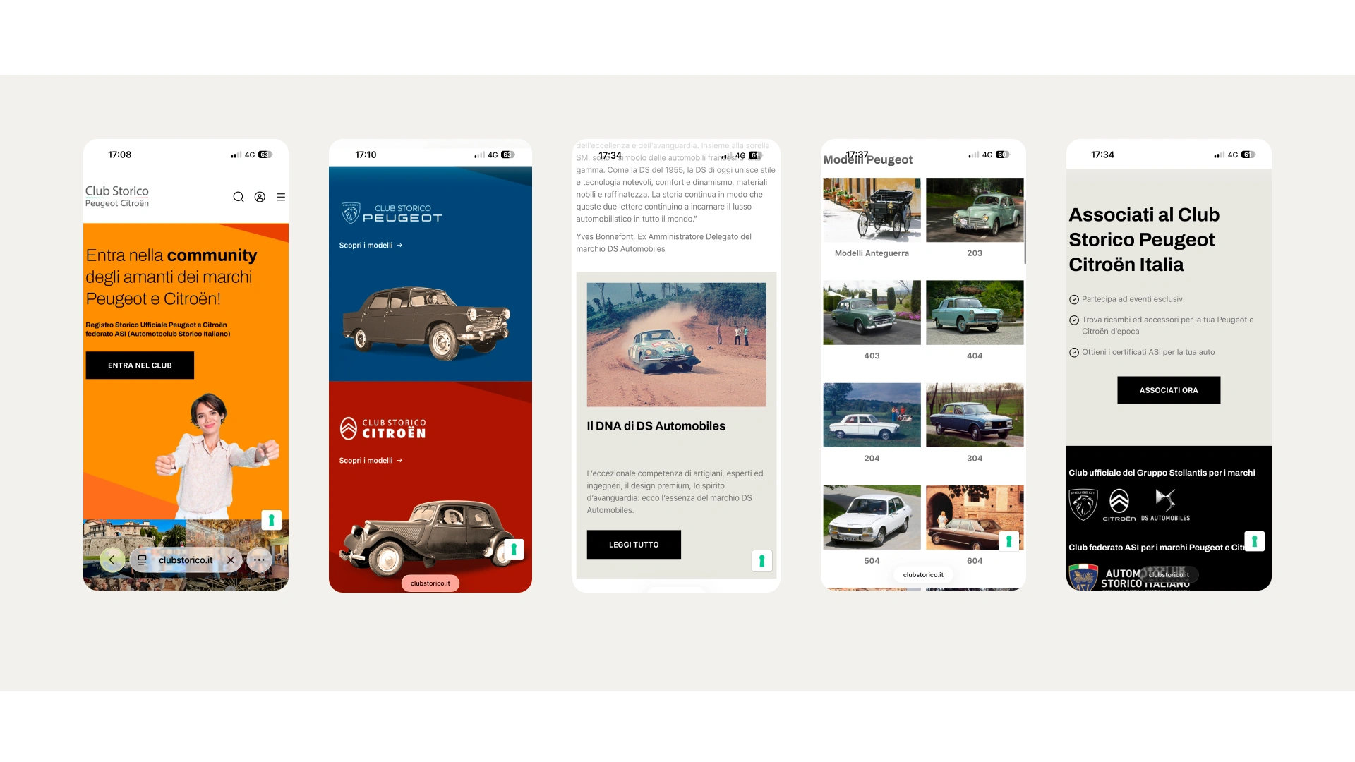 Screen del sito web mobile Storico Peugeot Citröen Italia
