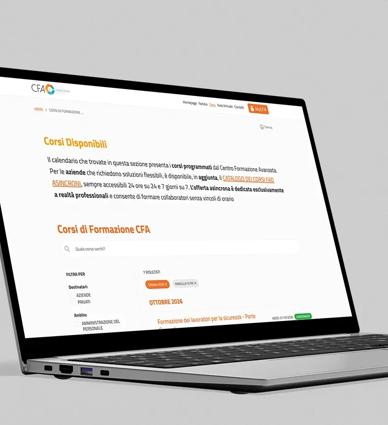 Computer portatile mostra sito CFA pagina dei corsi